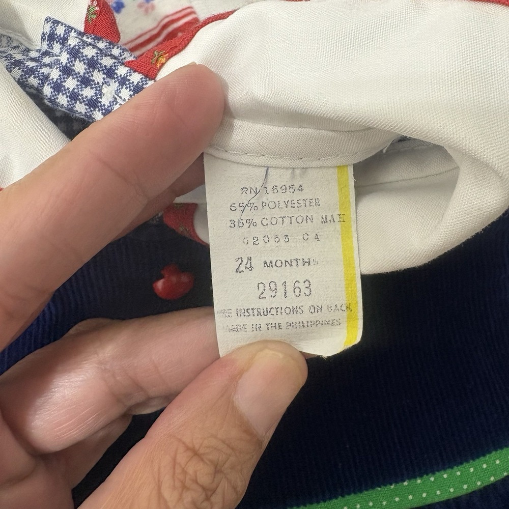 Vintage 2 Piece Farm Gingham Dress Navy Corduroy Pinafore Baby Girl Dress 9-12M - Picture 10 of 13